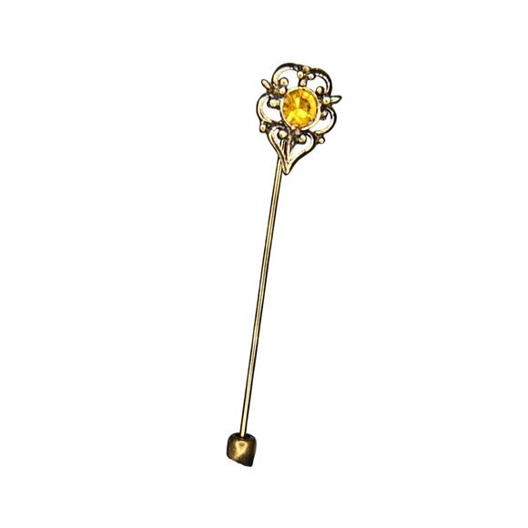 Vintage Goldtone Amber Golden Brown Stick Pin Brooch Hat Pin Floral Demure - Picture 1 of 5